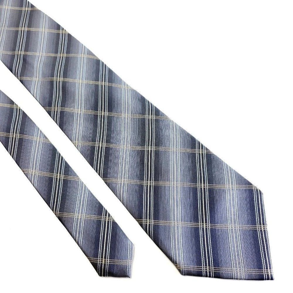 Kenneth Cole‎ Silk Tie Woven Gray Beige Plaid Wide